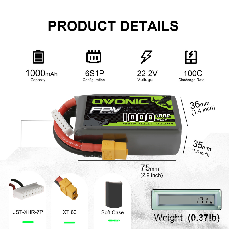 2Pcs OVONIC 1000mAh 100C 22.2V - Drone Battery 6S review and price